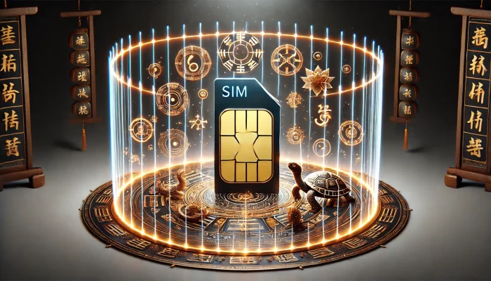 DALL·E 2024 09 11 21.42.51 A protective barrier surrounds a glowing SIM card radiating energy and labeled with no text. Inside the barrier ancient Feng Shui symbols like a dra